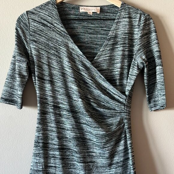 Women's XS Philosophy Half Sleeve Cross Bodice Dress Heathered Black Gray Stripe - Picture 4 of 7